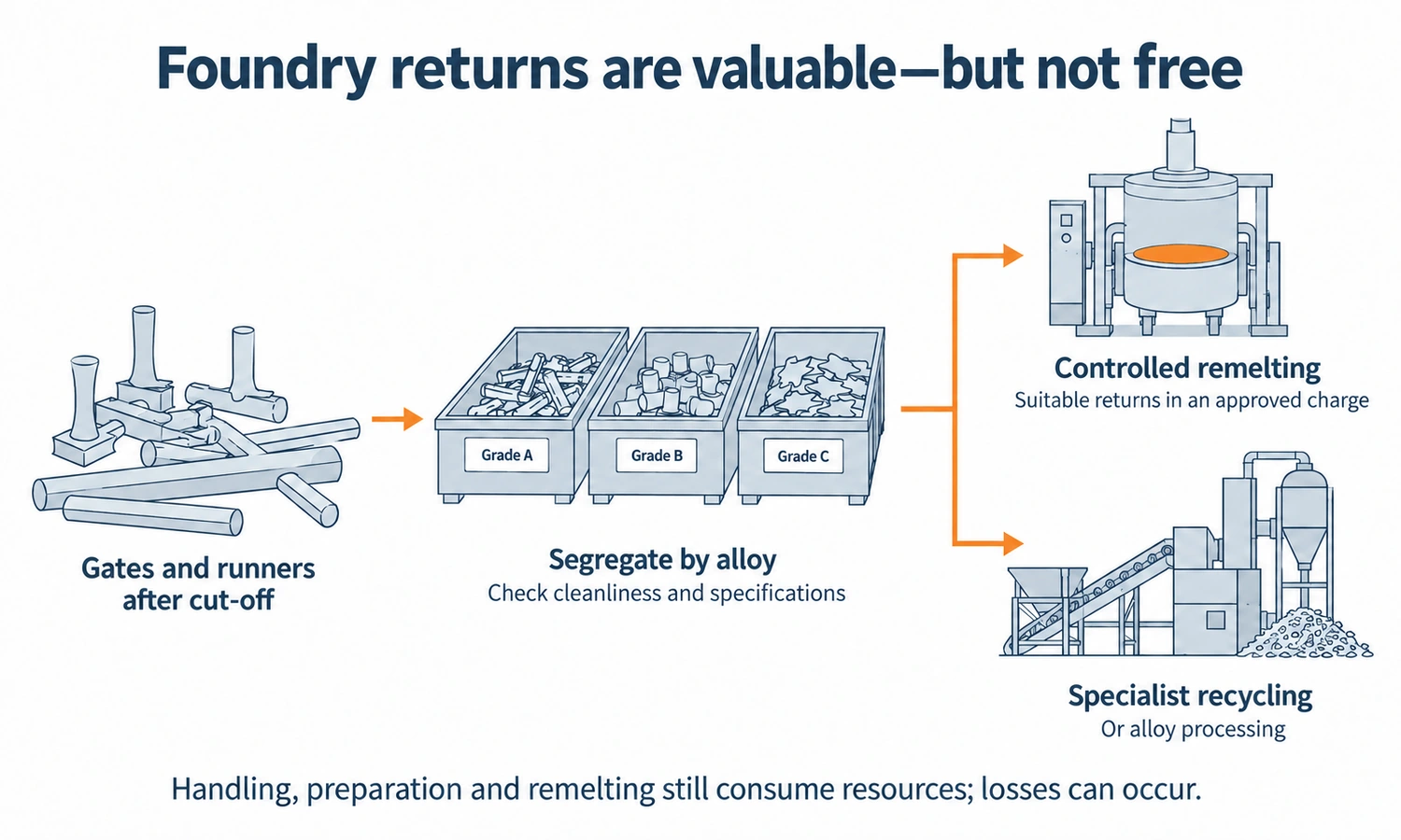 Foundry returns sorted by alloy grade and assessed before controlled remelting or specialist recycling.