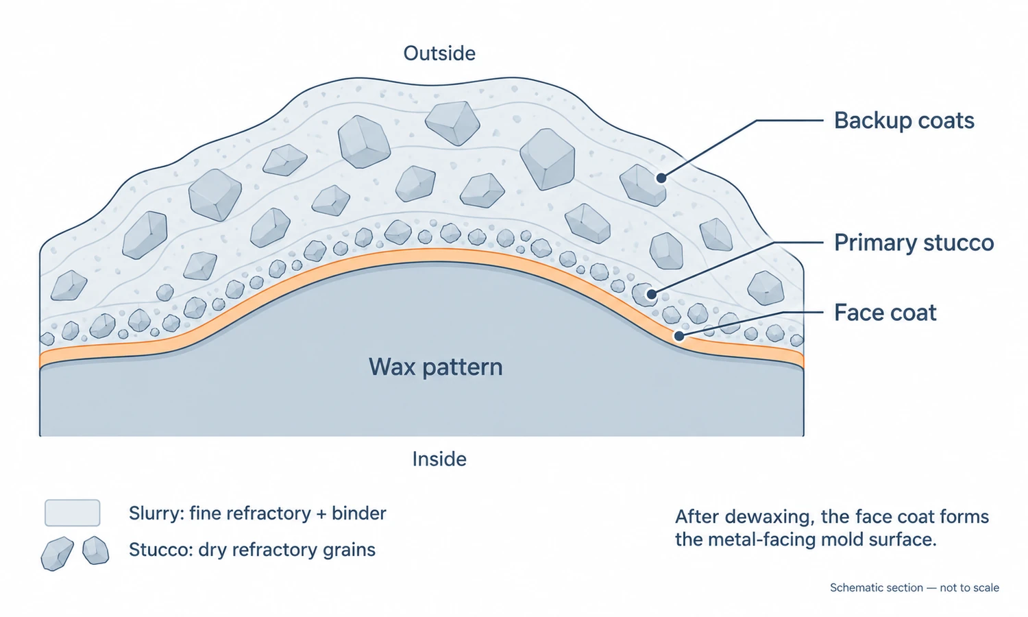 Schematic ceramic shell cross-section showing a continuous face coat on wax, fine primary stucco and thicker backup coats.