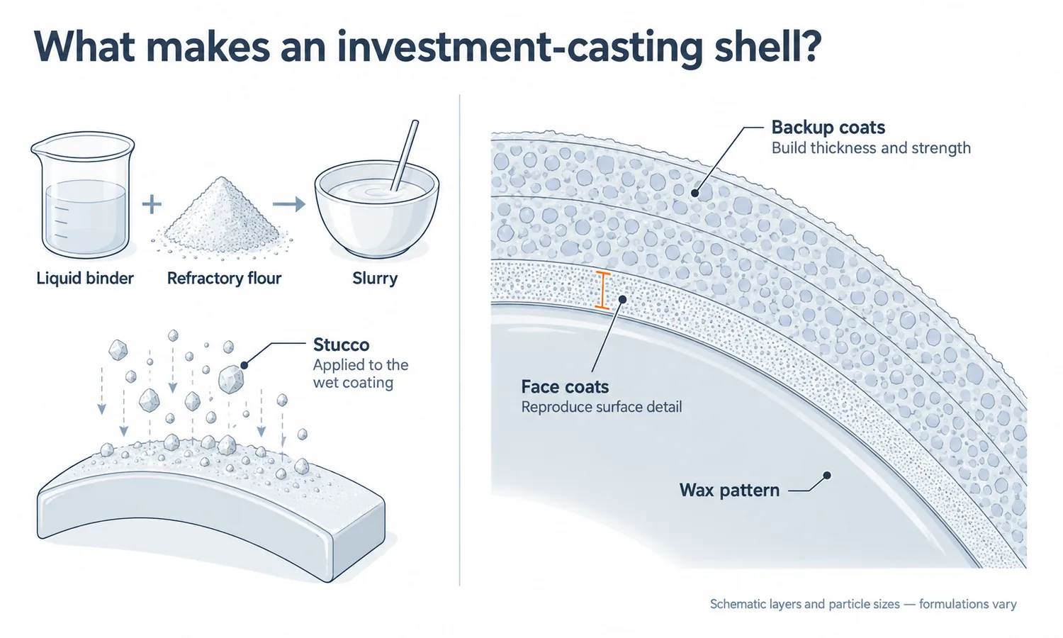 Liquid binder and refractory flour form slurry, stucco is applied to a wet coat, and a shell section shows face coats next to the wax pattern with backup coats outside.