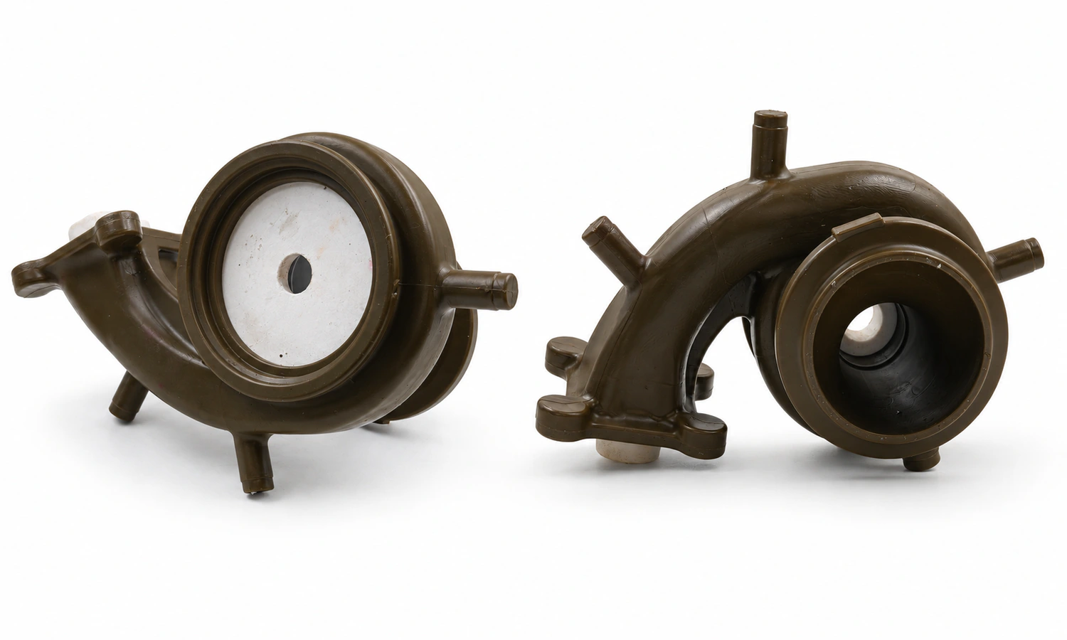 Two views of the same YTD investment casting wax pattern with attached gating, before ceramic shell building.