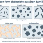 Schematic carbon forms in five cast iron families: graphite flakes, nodules, vermicular graphite, carbides and temper-carbon aggregates.