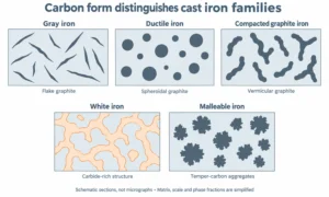 Schematic carbon forms in five cast iron families: graphite flakes, nodules, vermicular graphite, carbides and temper-carbon aggregates.