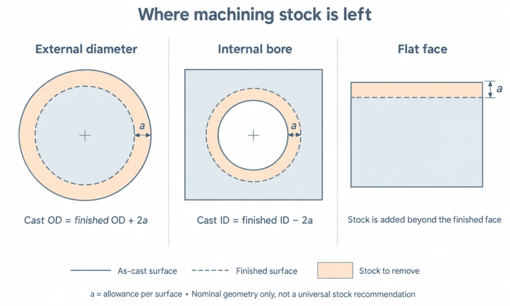 Cross sections showing machining stock on an external diameter, an internal bore and a flat face, with allowance defined per surface.