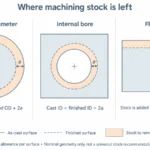Cross sections showing machining stock on an external diameter, an internal bore and a flat face, with allowance defined per surface.