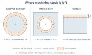 Cross sections showing machining stock on an external diameter, an internal bore and a flat face, with allowance defined per surface.