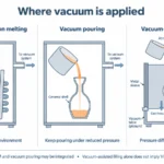 Three sections comparing vacuum induction melting, pouring inside a vacuum chamber and vacuum-assisted filling through a porous investment mold.