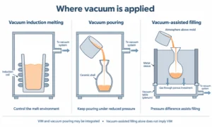 Three sections comparing vacuum induction melting, pouring inside a vacuum chamber and vacuum-assisted filling through a porous investment mold.