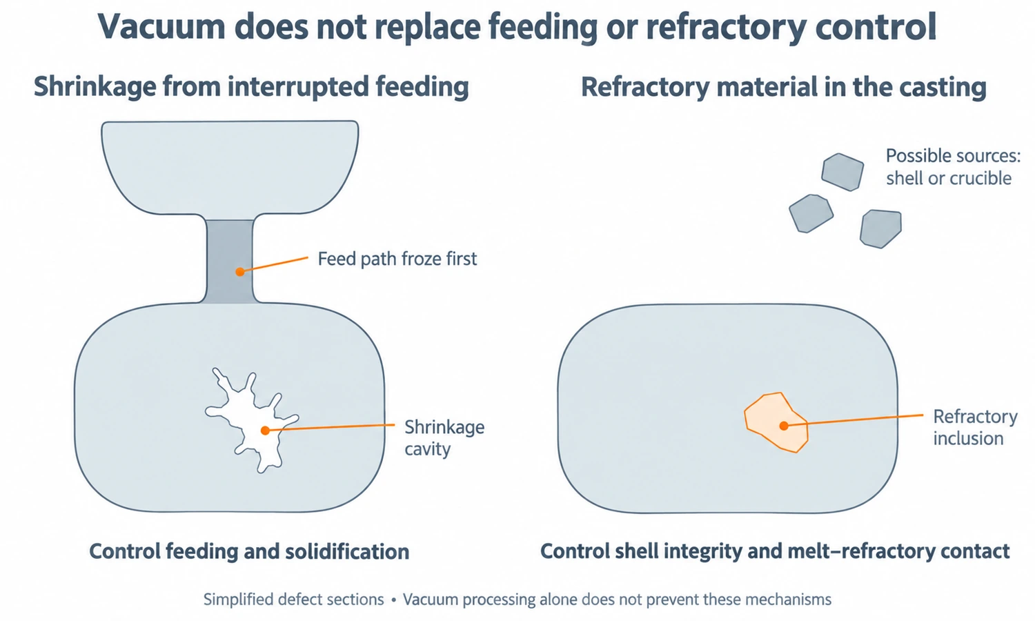 Casting sections showing shrinkage from a frozen feeding path and an embedded refractory inclusion, two mechanisms vacuum alone does not prevent.