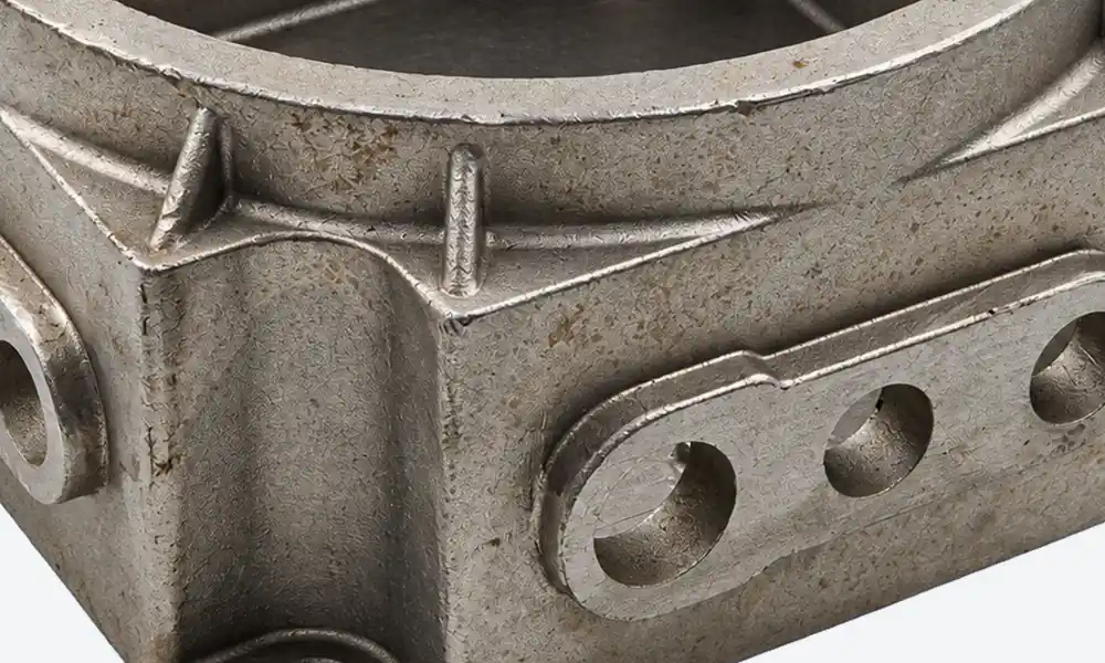 Detail of small ribs connecting the circular housing rim to the walls above the raised side pads.