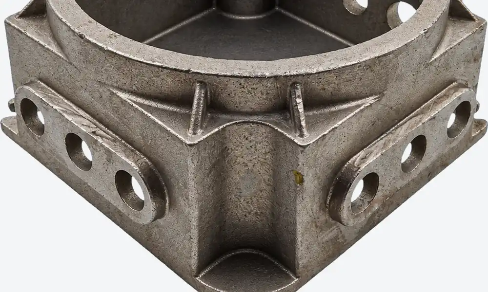 Three-hole pads on adjacent side walls of the carbon steel housing, beneath the ribbed circular rim.