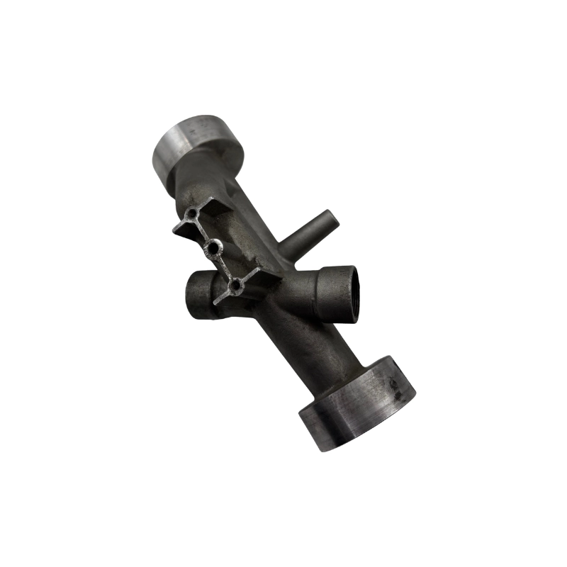 Three mounting holes and thin-wall connections on a flow meter body