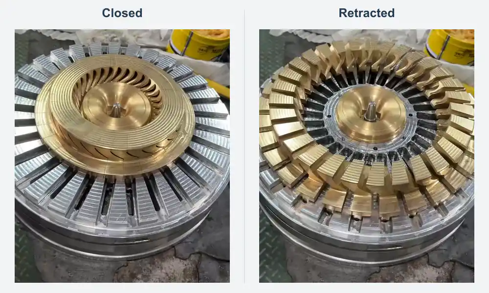 Wax injection tooling for another YTD impeller design, with the forming blocks closed on the left and retracted on the right.