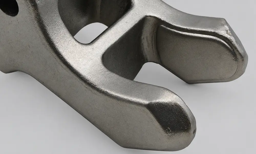 Close view of the shot-blasted matte surface on the stainless steel fork arm and connecting bridge.
